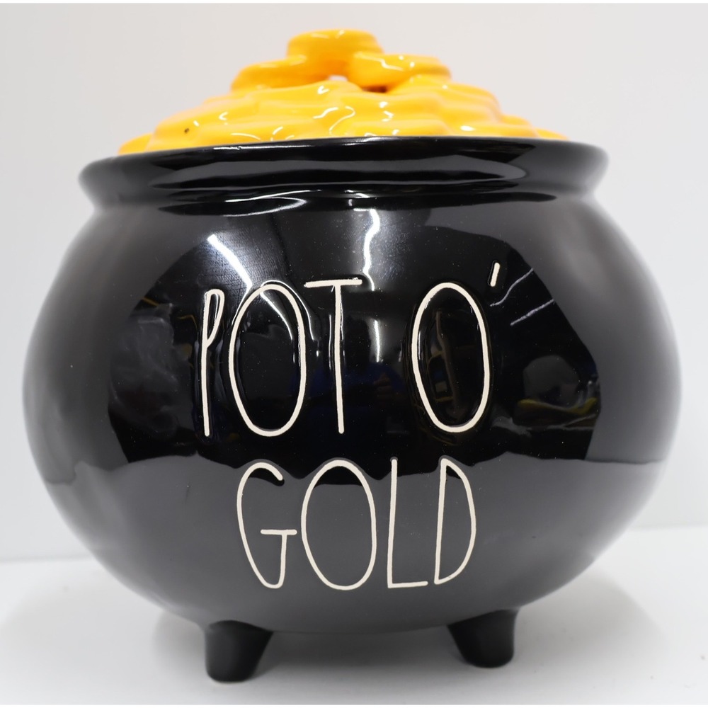 Rae Dunn Pot O Gold Cauldron Cookie Jar Canister Black Gold Excellent Condition